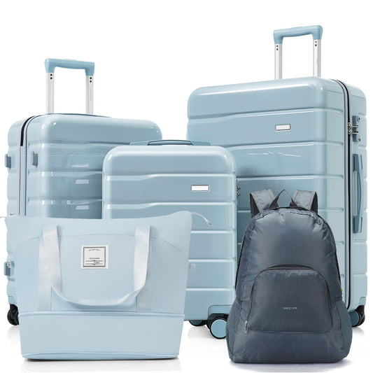 5 Piece Luggage Set with Expandable Duffel Bag & Foldable Backpack – 20'/24'/28' Suitcases with 360° Spinner Wheels, TSA Lock, grey blue