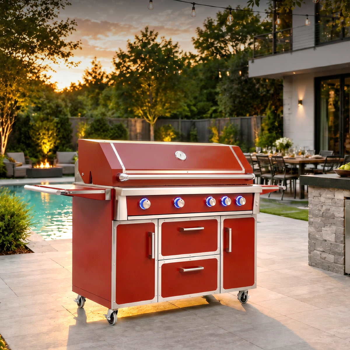 NG Red Painting 49'' inch 304# Stainless Steel Standard Grill Featuring Four Cast stainless burners and Infrared back burner that provide 99,000 BTU of Powerful Heat