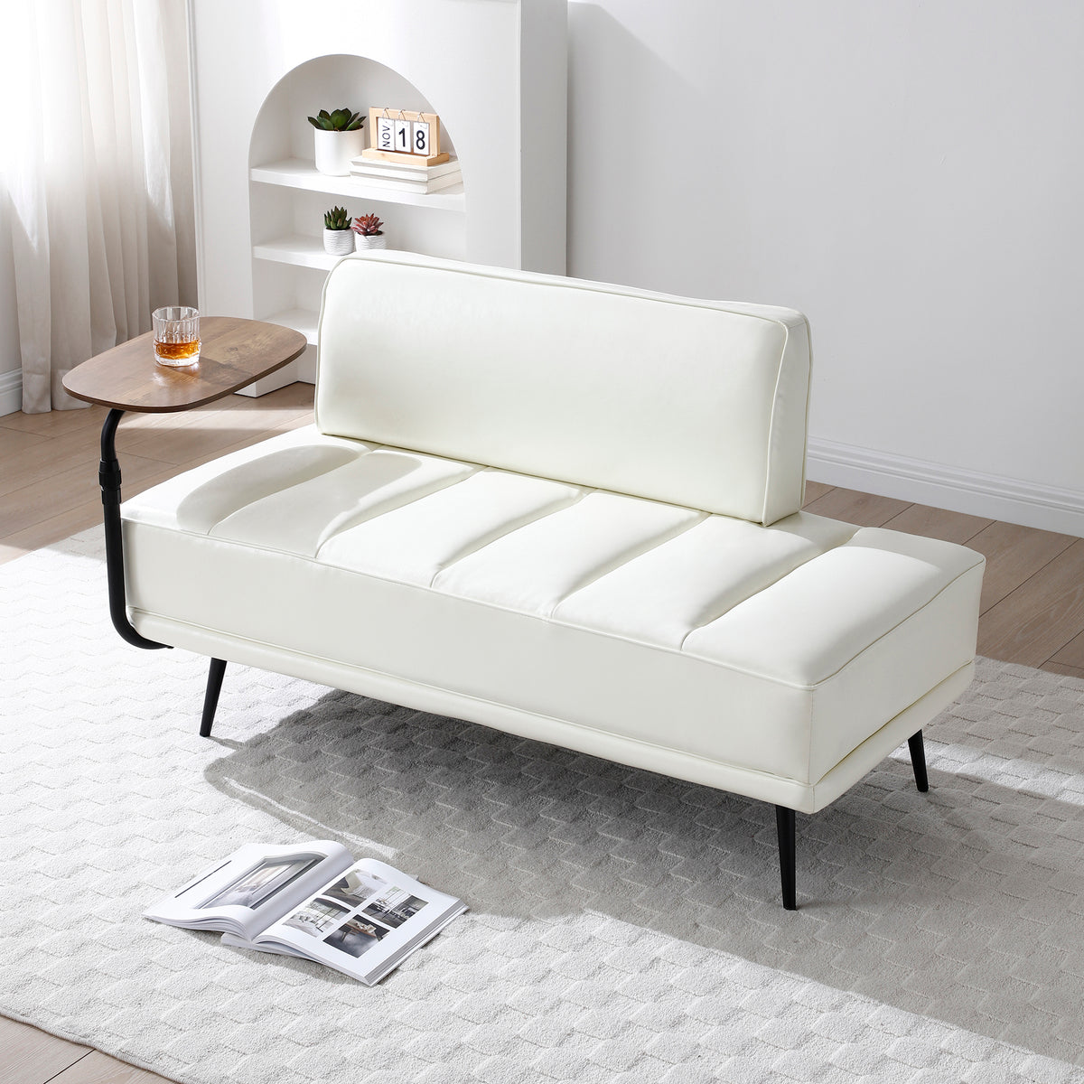 55'Inch Width Modern End of Bed Bench,Beige Faux Leather Upholstered With side table, 360-degree Swivel tray couch,Entryway Ottoman,Window Bench with  Metal Legs for Bedroom, Living Room