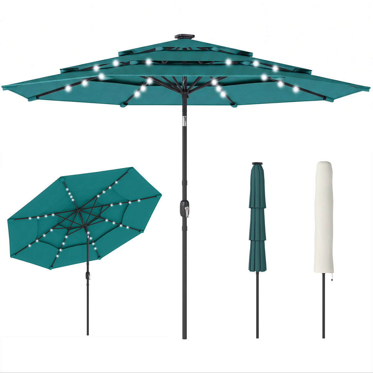 Outsunny 9.7 ft Outdoor Patio Umbrella with 32 Solar LED Lights, 3 Tier Outdoor Table Market Umbrella with Tilt and Crank, 8 Ribs for Garden, Deck, Yard, Poolside, Teal