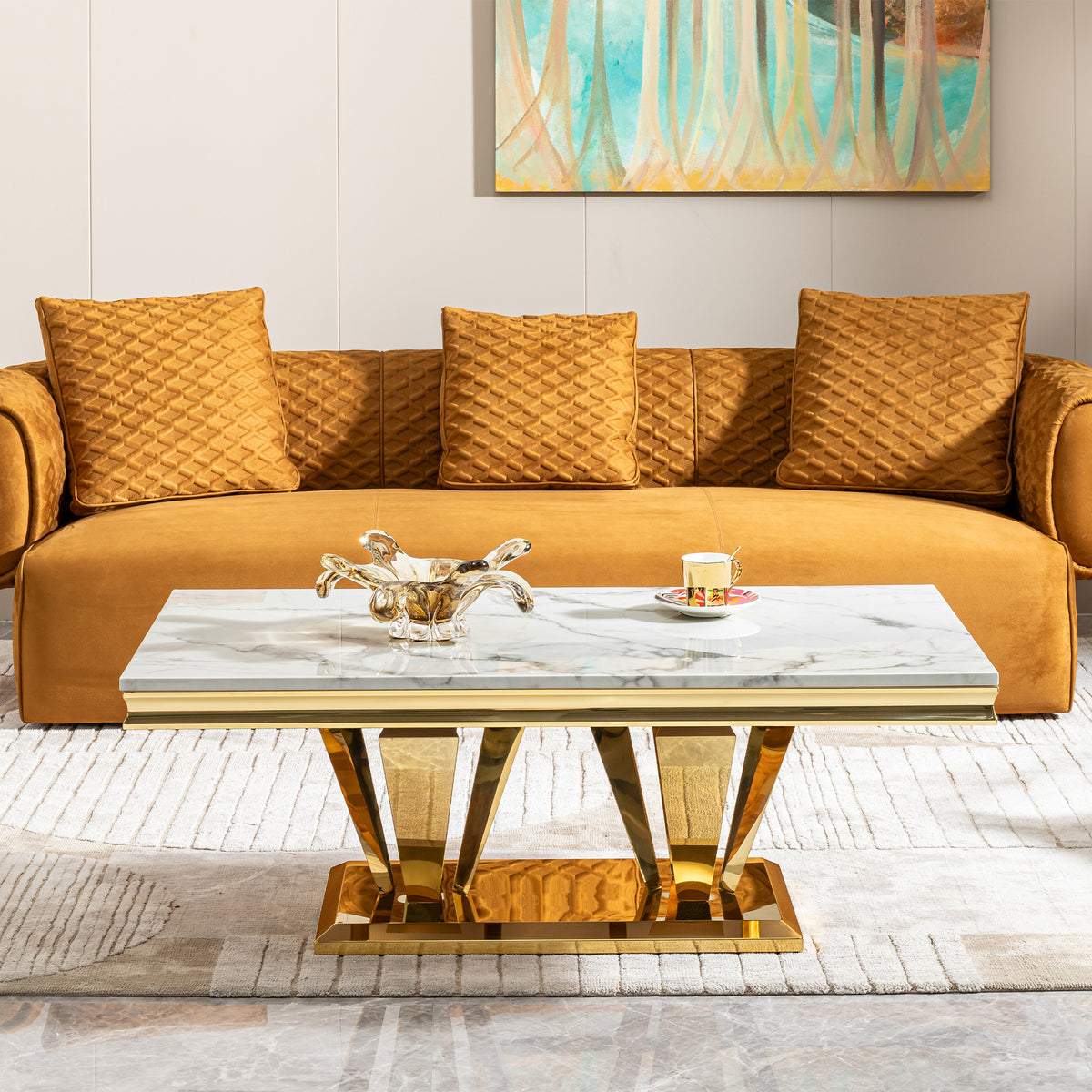 51.18' Modern Rectangular 0.78' Thick MDF Marble Pattern Top, Coffee Table Stainless Steel Base with Gold Mirror Finish