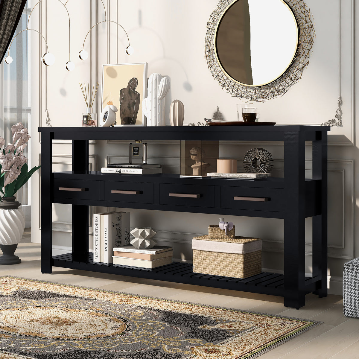 U_STYLE Modern Console Table Sofa Table for Living Room with 4 Drawers and 2 Shelves