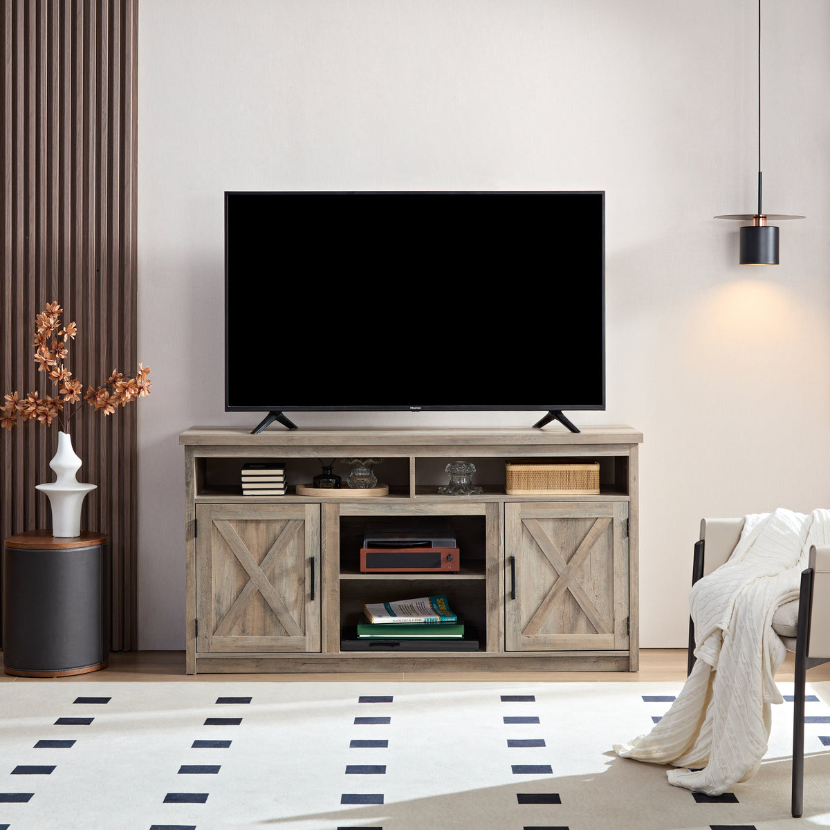 Farmhouse Barn door TV Media Stand Modern Entertainment Console for TV Up to 65' with Open and Closed Storage Space, Gray Wash, L57.87*W15.75*H30.31