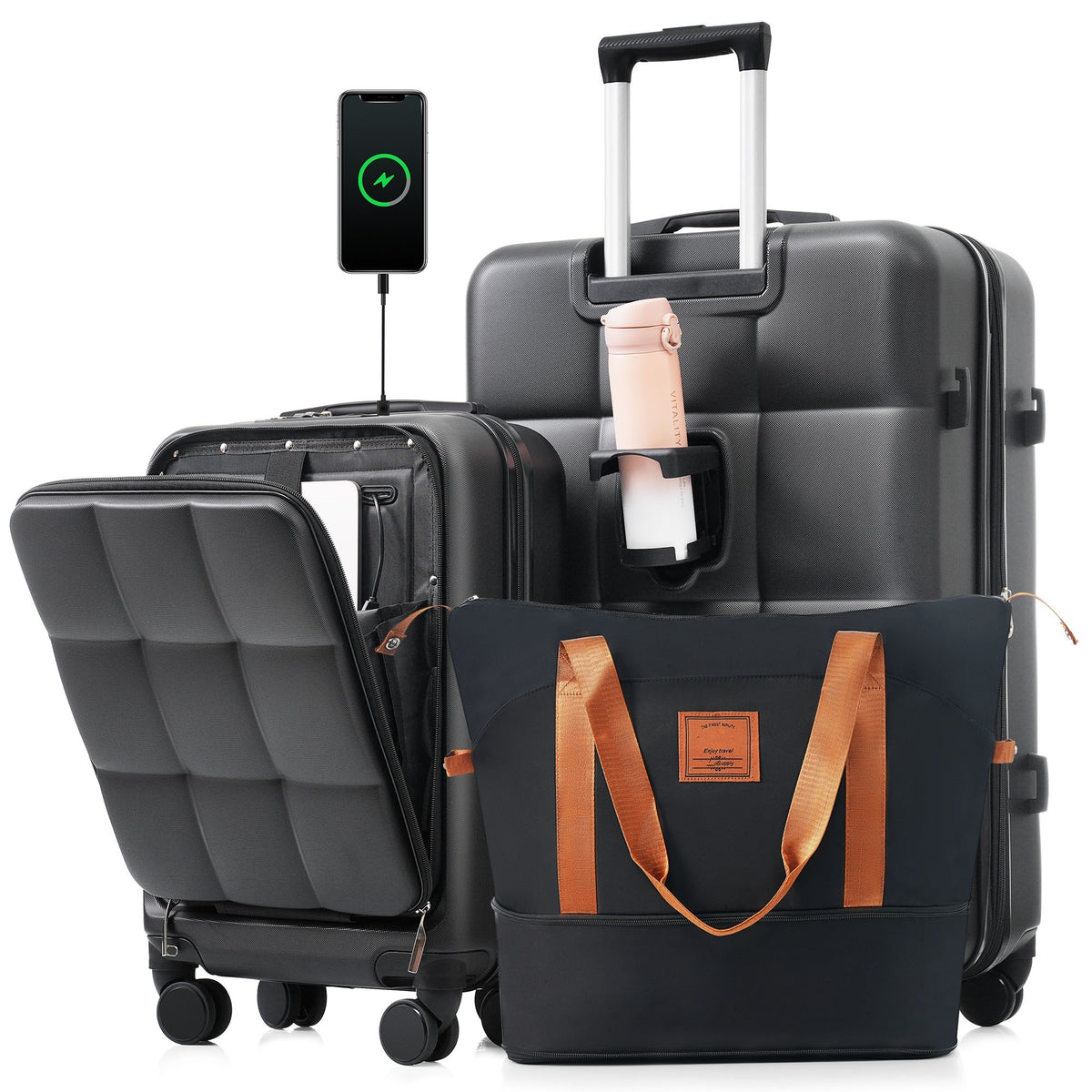 3-Piece Luggage Set with 20' Front-Opening Carry-On, 28' Expandable Suitcase, and Expandable Travel Bag, black and brown