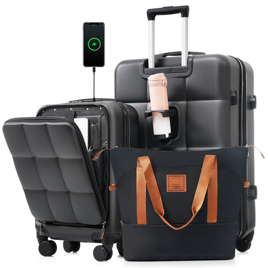 3-Piece Luggage Set with 20' Front-Opening Carry-On, 28' Expandable Suitcase, and Expandable Travel Bag, black and brown