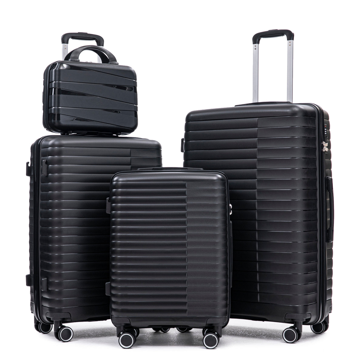 Black 14/20/24/28 Inch 4-Piece PP Spinner Luggage Set with Iron Pull Rod, Combination Lock, and 14-Inch Cosmetic Case