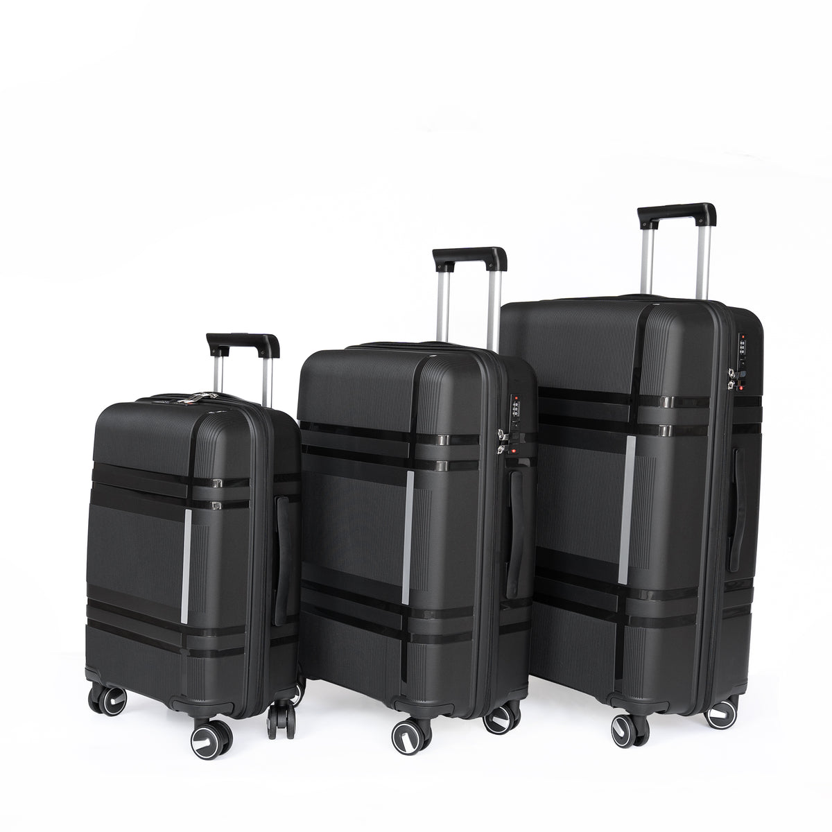 3 Piece Luggage Sets PP Lightweight Suitcase with Two Hooks, Spinner Wheels, (20/24/28) BLACK