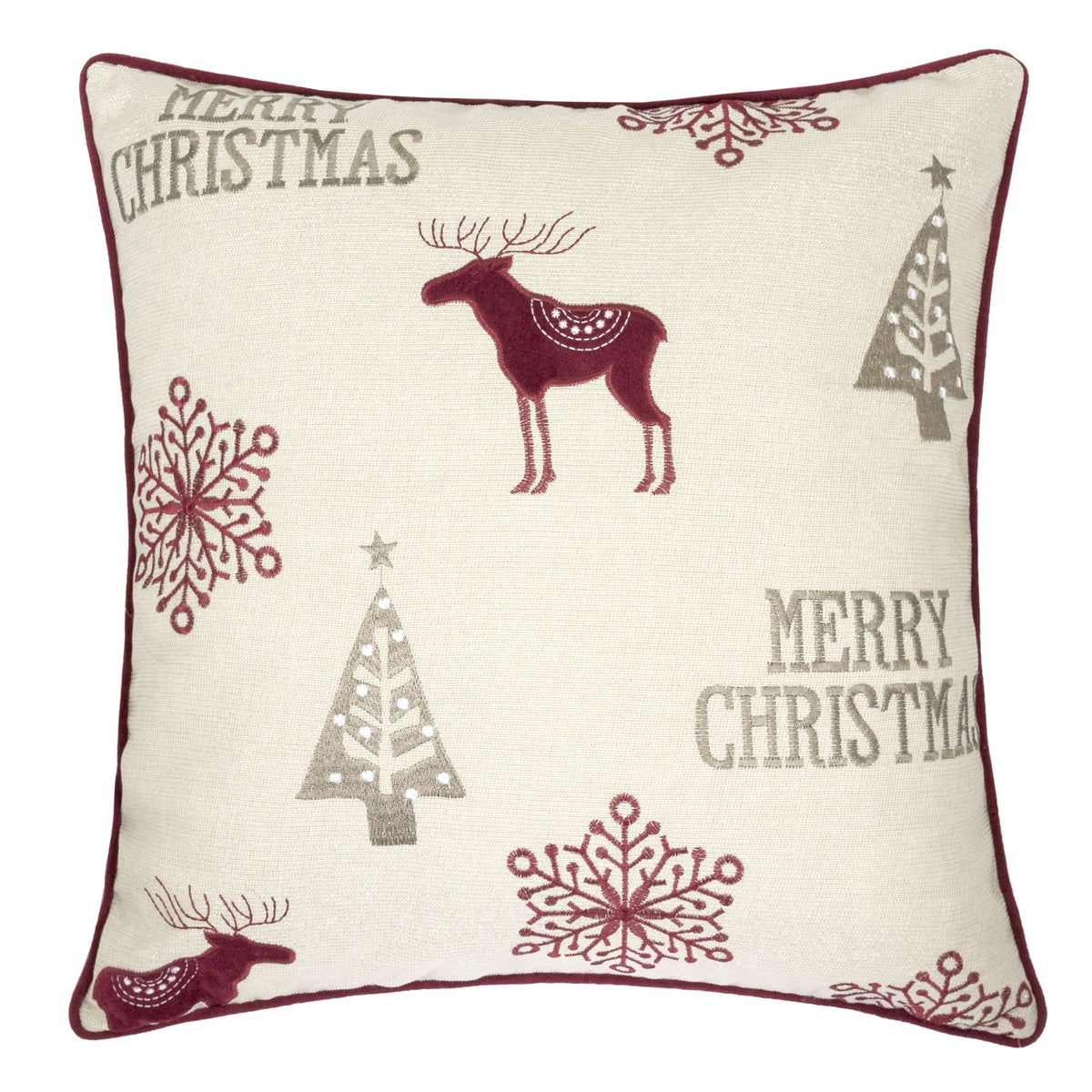 Merry Christmas Embroidered Poly Linen Throw Pillow – 20x20' Holiday Cushion with Reindeer, Trees & Snowflakes Set of 2