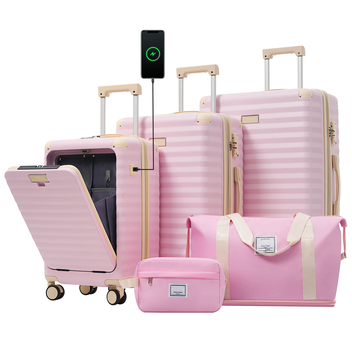Luggage Sets 5 Piece with Front Opening , Hardside Expandable Carry on Suitcase with Spinner Wheels TSA Lock USB Port  Cup Holder Duffel Bag and Toiletry Bag