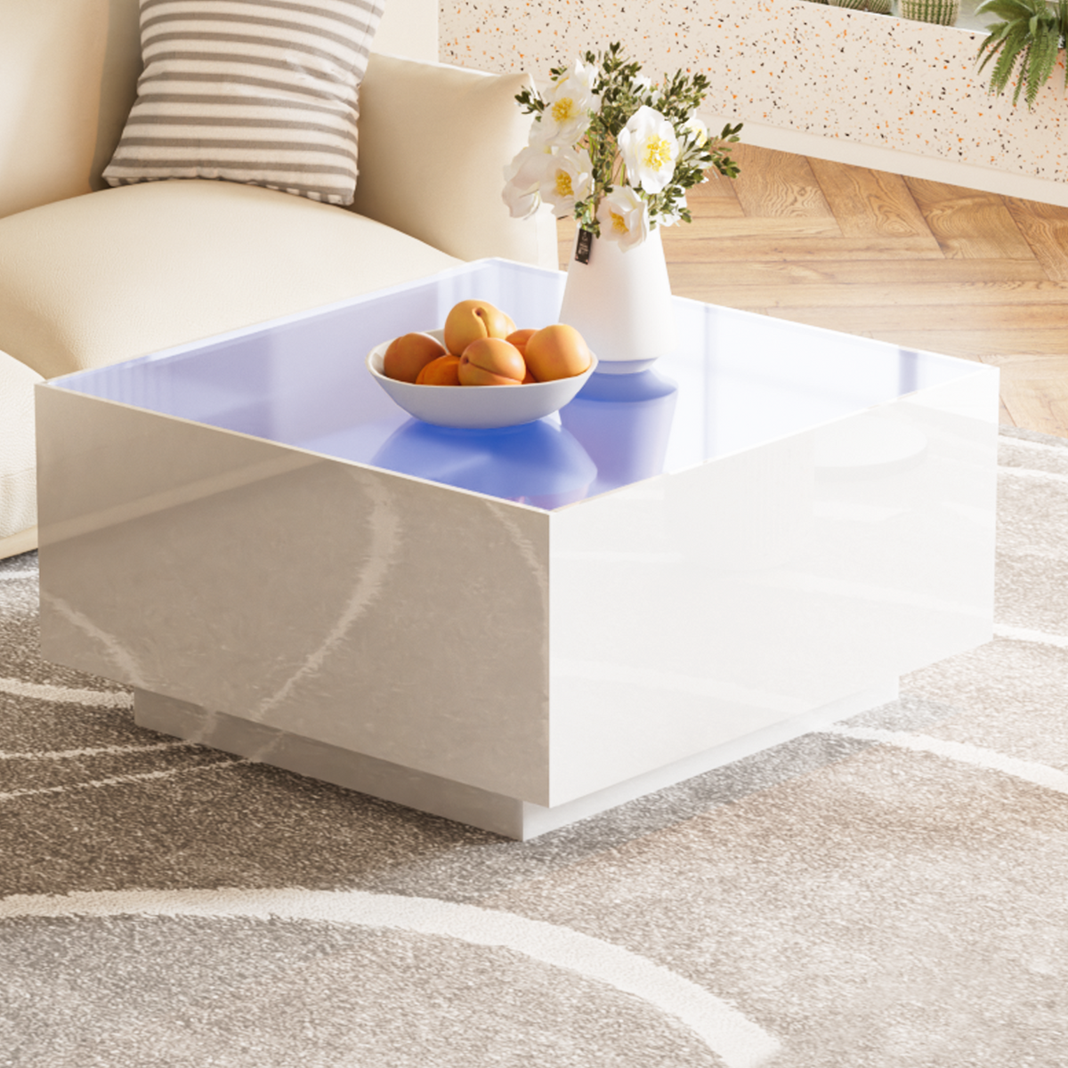 ON-TREND Square High Glossy Coffee Table with 16-color LED Strip Lights, Modern Center Table with 5mm Frosted Tempered Glass Top for Living Room, White, 27.5*27.5in