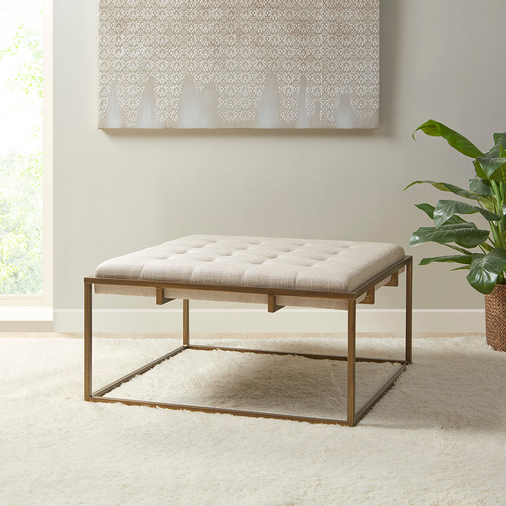 Square Shape Button-tufted Upholstered Metal Base Ottoman/Coffee Table