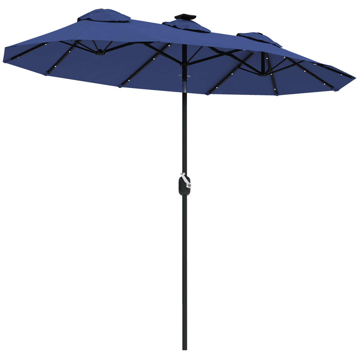 Outsunny Double Sided Patio Umbrella, 9.7' Large Outdoor Market Umbrella with LED Solar Light, Tilt and Crank, 3 Air Vents and 12 Ribs, for Garden, Deck, Pool, Navy Blue