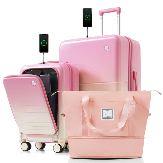 3-Piece Luggage Set with 20' Front-Opening Carry-On, 28'  Suitcase, and Expandable Travel Bag, pink