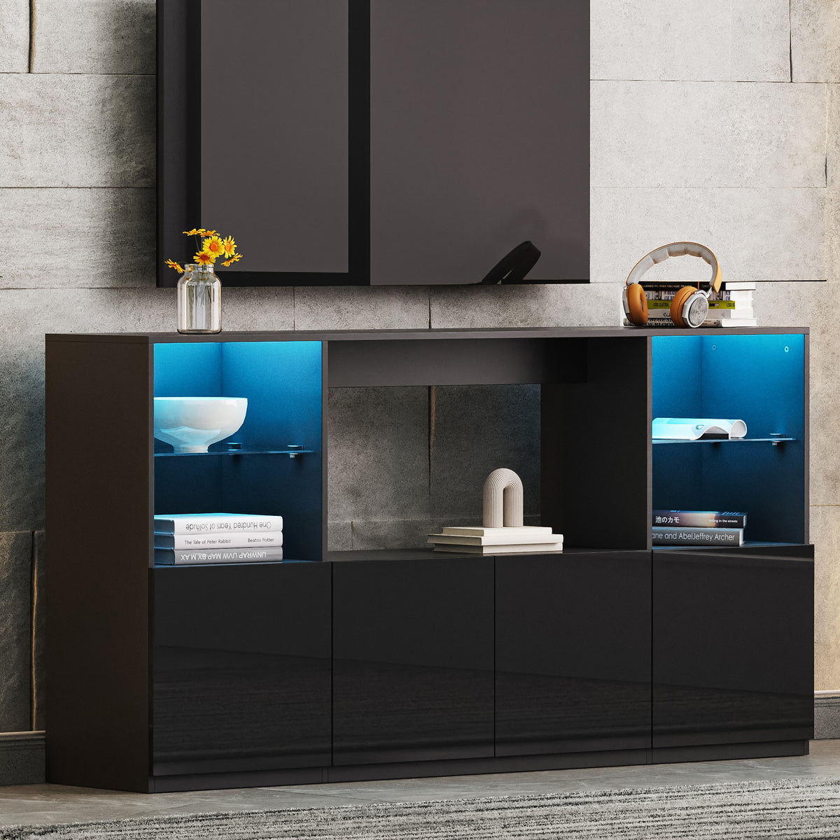 ON-TREND High Gloss TV Stand with LED Lights, Modern Sideboard with Large Storage Cabinet, Media Console with Tempered Glass Shelves for TVs up to 75', Living Room, Black, 67'Wx13.7'D