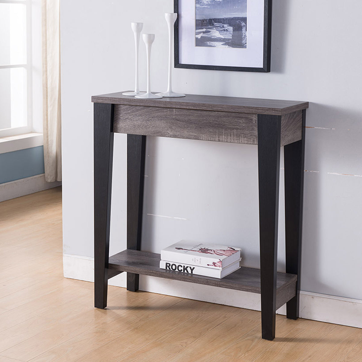 Home, Elegant Console Table, Display Table with Drawer and Bottom Shelf in Distressed Grey and Black