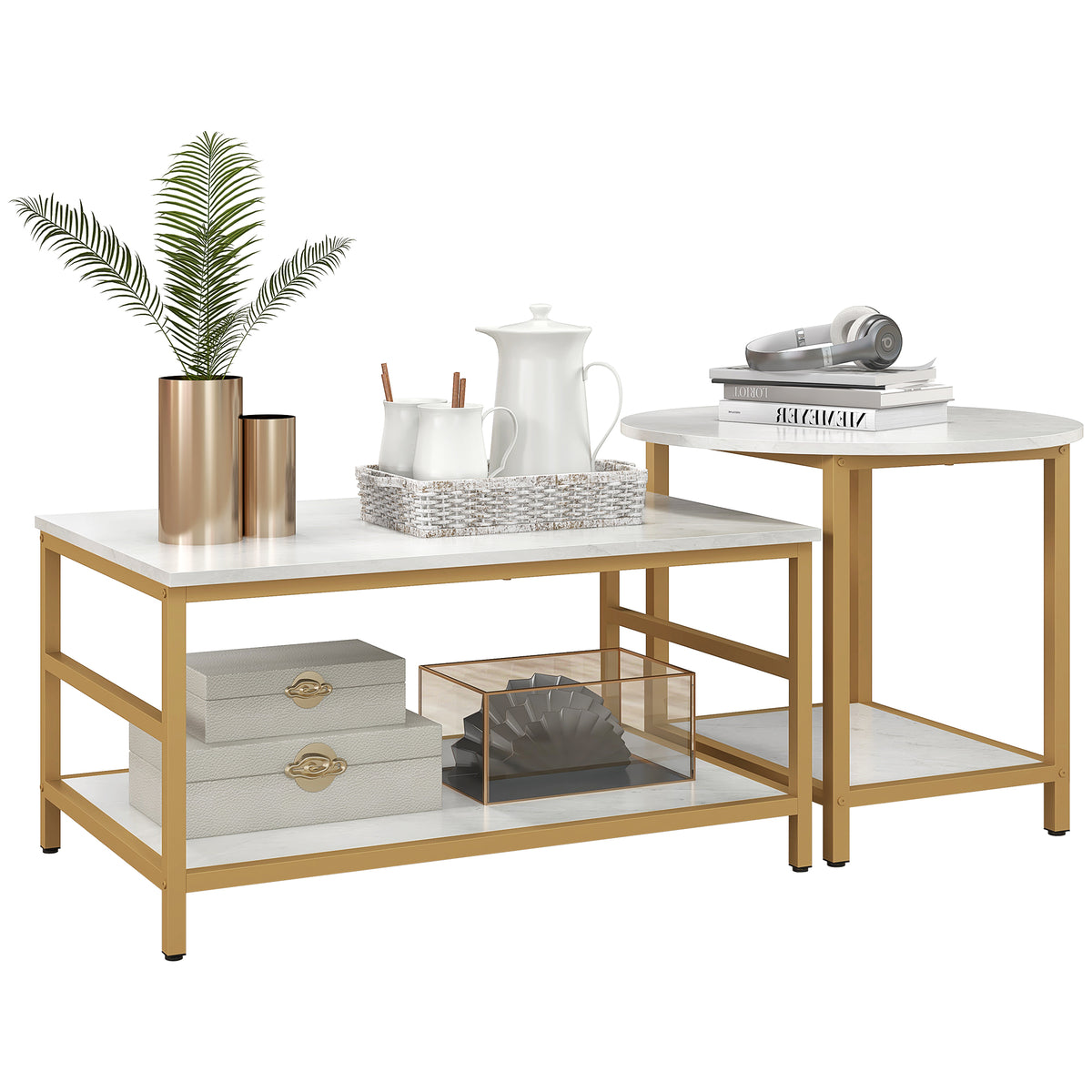 HOMCOM Coffee Tables Set of 2, 2-Rier Rectangle and Round Coffee Table with Storage Shelves, Faux Marble Top and Steel Frame, Sofa Side Table for Living Room, White