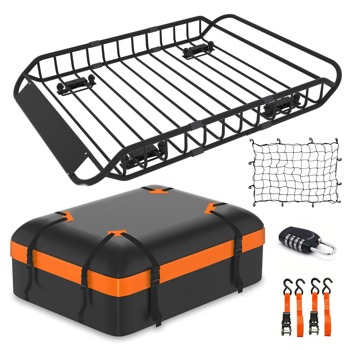 Roof Rack Cargo Basket 50'(L) x 36'(W) x 5.1'(H) Extendable Universal Rooftop Luggage Carrier for Truck Cars SUV with Waterproof Cargo Bag, Cargo Net, Ratchet Straps & Outdoor Combination Lock
