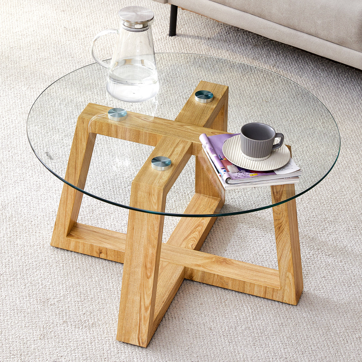 Modern practical circular coffee tables. Made of transparent tempered glass tabletop and wood colored MDF material. Suitable for living rooms and bedrooms.31.5'*31.5'*17.7'