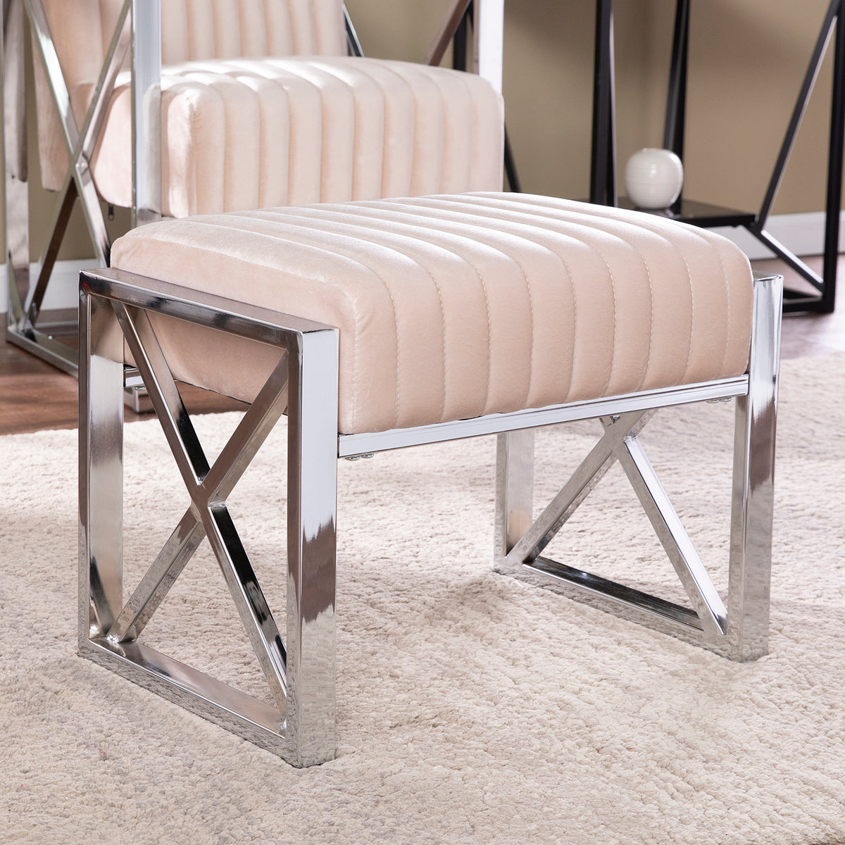 Ellison Velveteen Ottoman – Champagne w/ Chrome