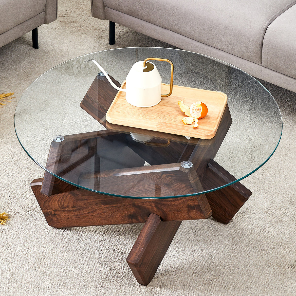 Round glass coffee table, 33.4' modern design unique coffee table. Tempered glass top with Walnut colored texture sticker MDF legs. Suitable for living and dining rooms