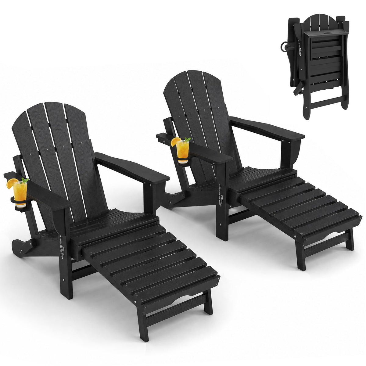 Outsunny Folding Adirondack Chair Set of 2, Outdoor HDPE Fire Pit Chair with Retractable Ottoman, Cup Holder and Large Seat for Deck, Garden, Backyard, Black