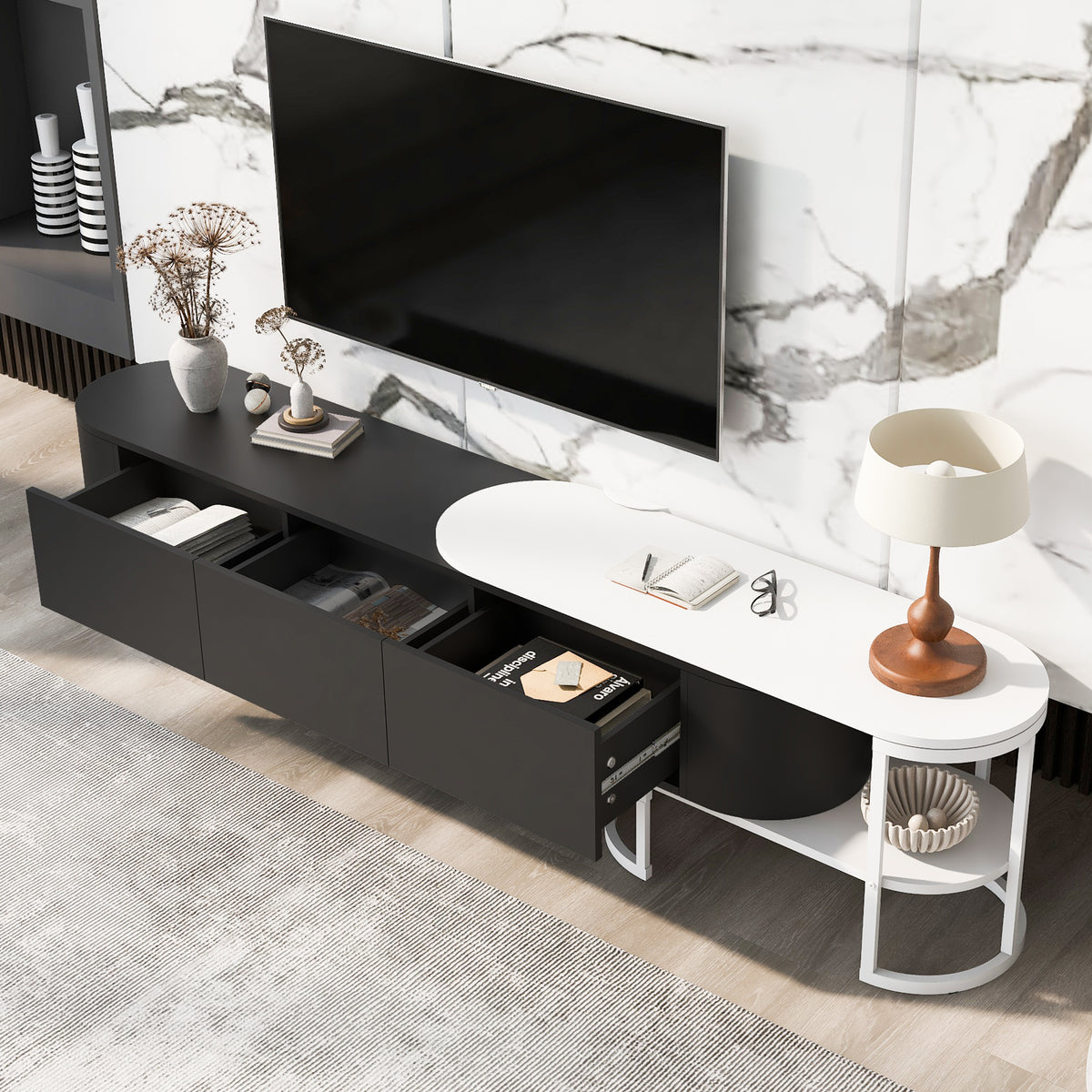 U-Can 67.7''-76.4'' Modern Extendable TV Stand for TVs up to 75 Inches, Entertainment Center Media Console with 3 Drawers, Metal Adjustable Legs for Living room