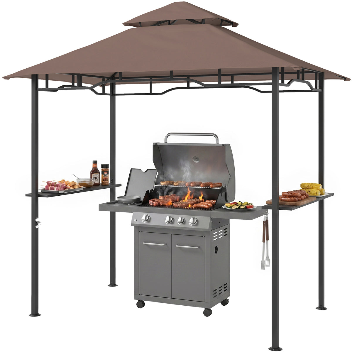 Outsunny 8' x 5' Grill Gazebo with Double Roof, Outdoor BBQ Gazebo with 2 Side Shelves, Steel Grill Tent Canopy for Patio Yard Garden, Coffee