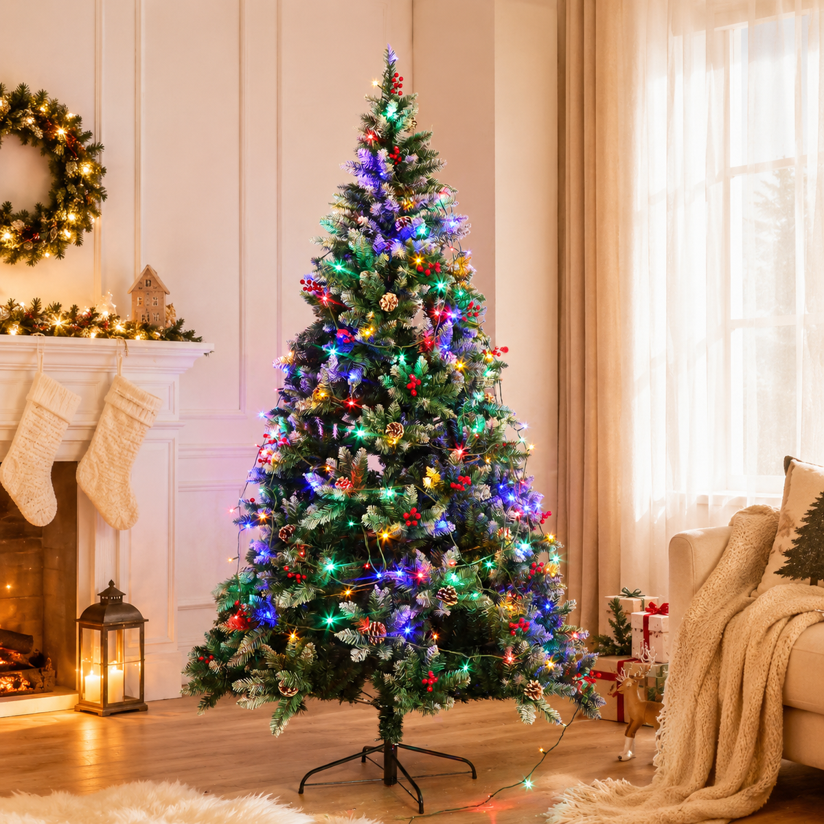 6ft Christmas Tree Artificial Full Xmas Trees with 150pcs LED,Green, for Holiday,Home,Office,Party Decoration,750 Branch Tips Metal Hinges & Foldable Base