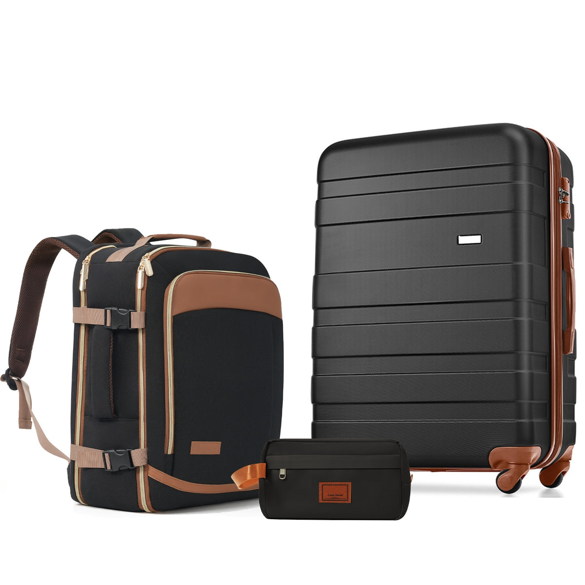 3-Piece Luggage Set  - 24in Checked Suitcase with TSA Lock Travel Duffel Bag Wet-Dry Toiletry Bag,black and brown