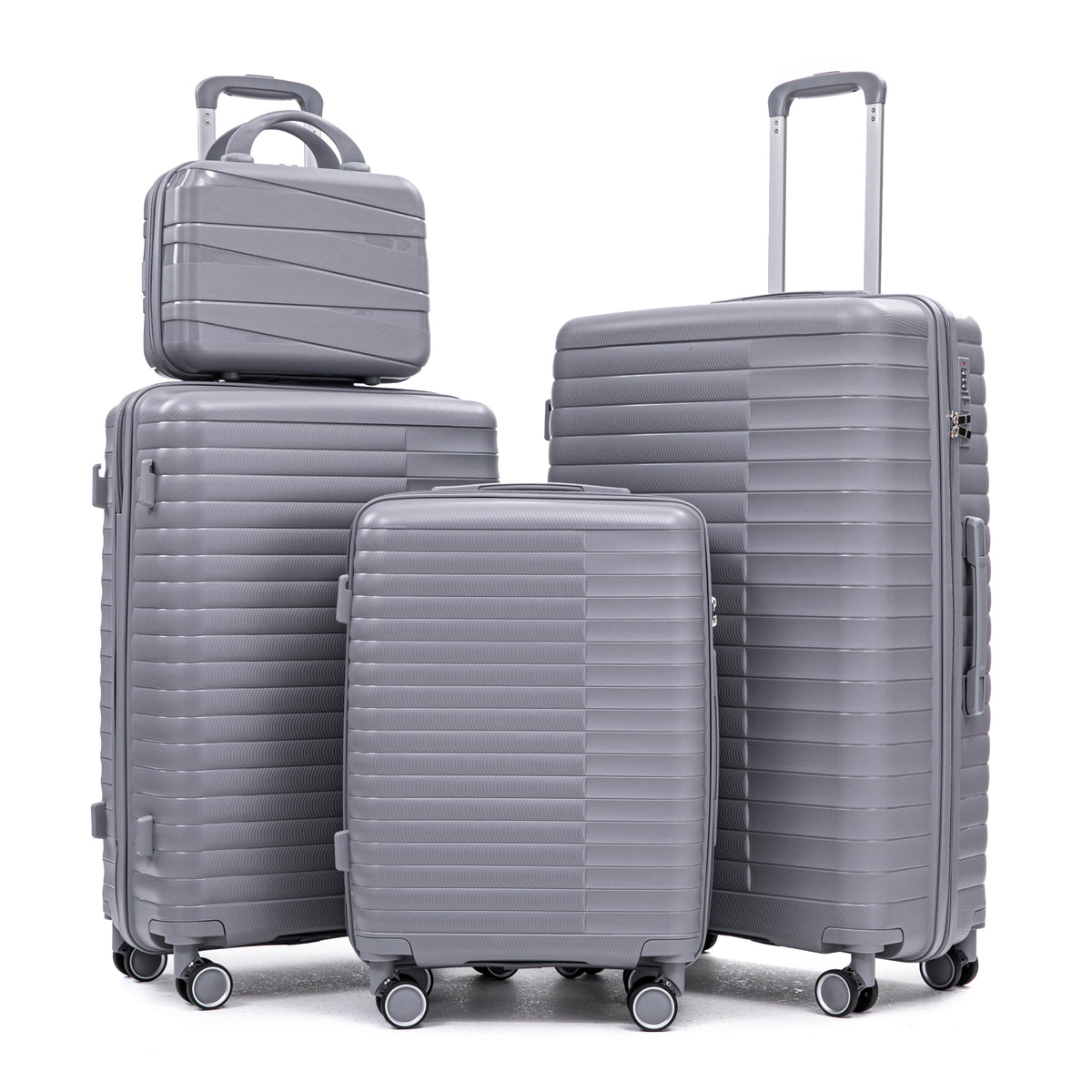 Light Gray 14'/20'/24'/28' 4-Piece PP Spinner Luggage Set with Iron Pull Rod, Combination Lock, and Dedicated Cosmetic Case