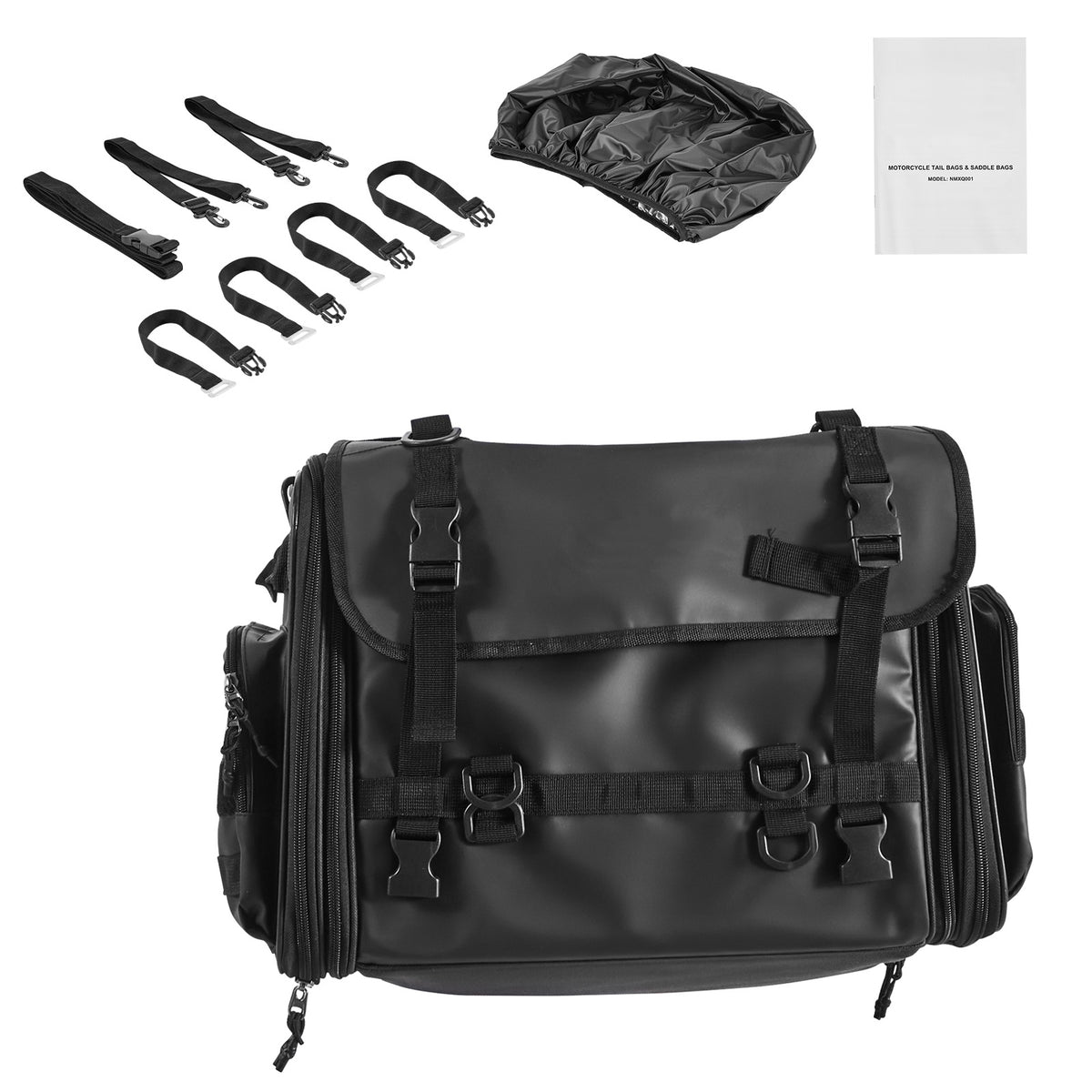 Motorcycle Tail Bag, 40-60 L Expandable Motorcycle Rear Seat Bag with Waterproof Rain Cover, Foldable Outdoor Sports Motorbike Luggage Storage with Shoulder Straps, Pocket & Elastic Cord, Black