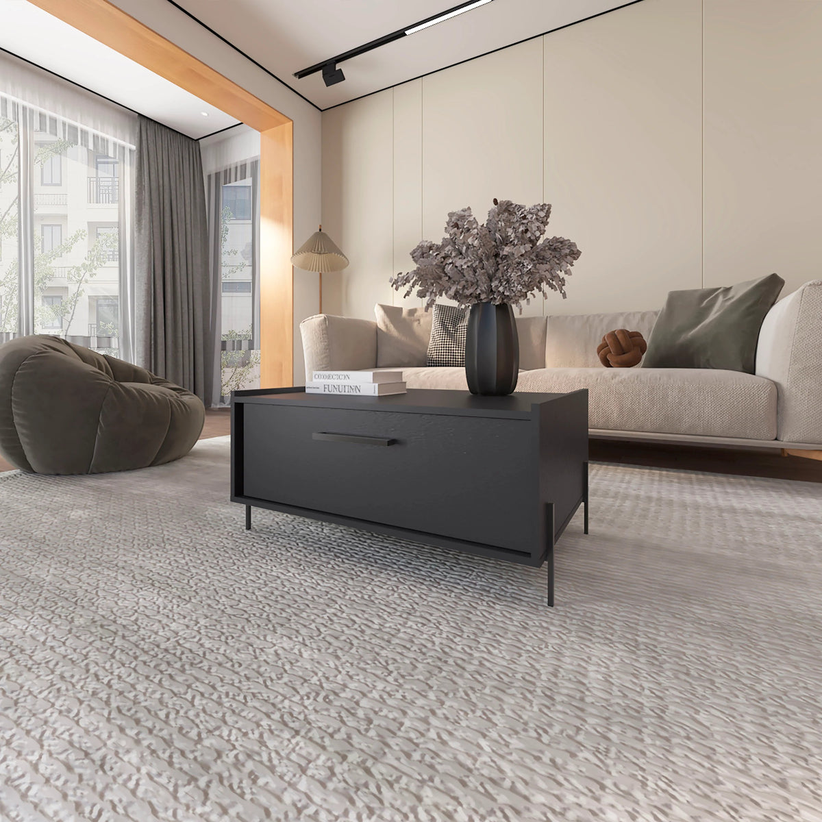 Black Coffee Table with Flip-Down Door