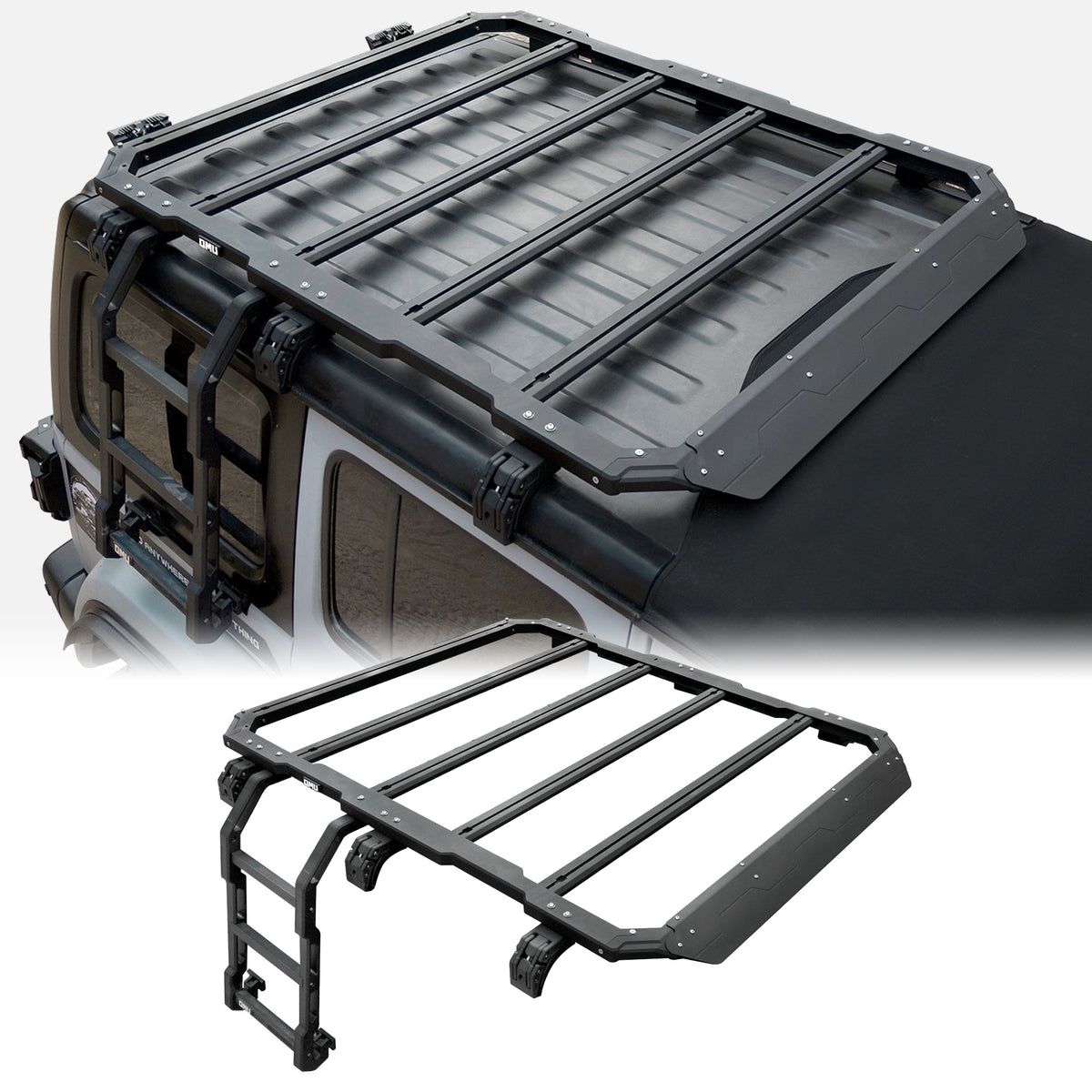 OMU Genesis Series Multifunctional Aluminum Roof Luggage Rack With Rear Window Side Ladder For  2018+ Jeep Wrangler JL