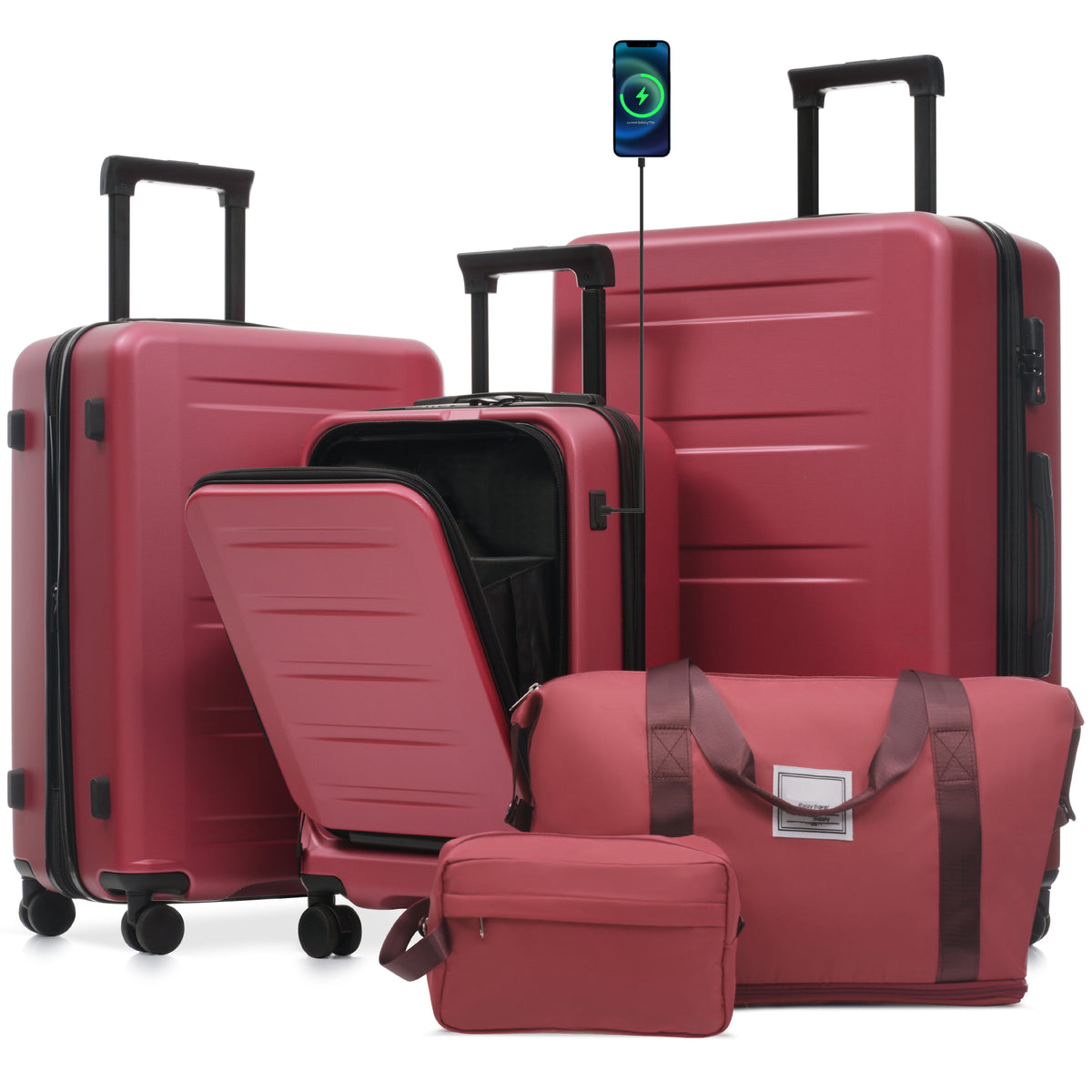 Red Hardside Expandable Luggage Set 5-Piece with Front Opening, Double Spinner Wheels, USB Port, TSA Lock (20' 24' 28')