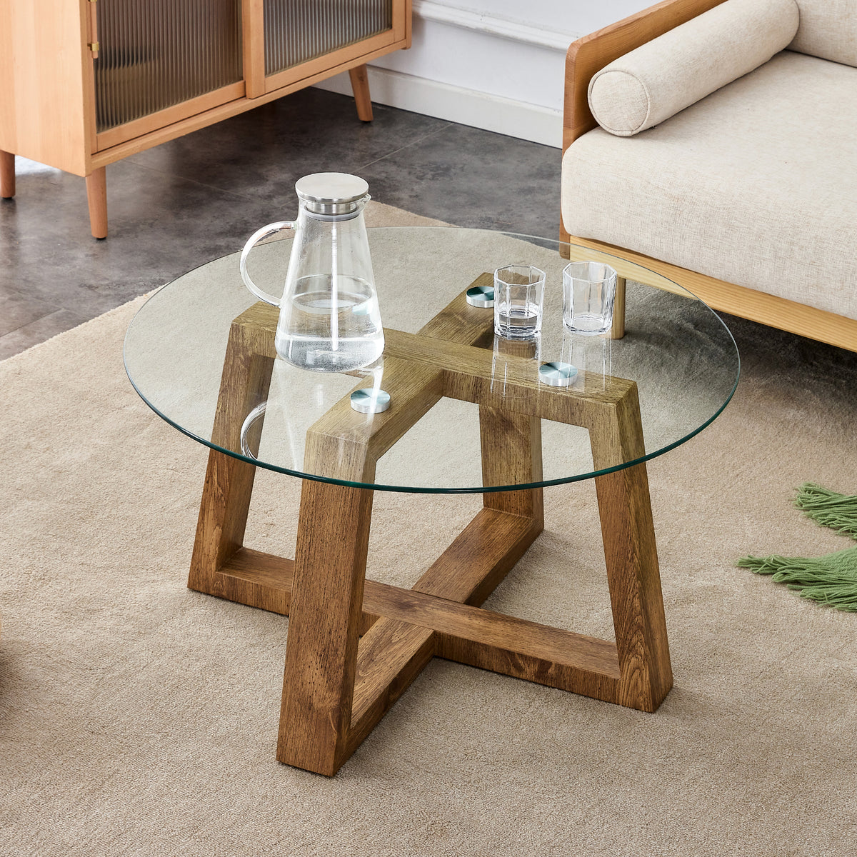 Modern practical circular coffee and tea tables. Made of transparent tempered glass tabletop and wood colored MDF material. Suitable for living rooms and bedrooms.31.5'*31.5'*17.7'