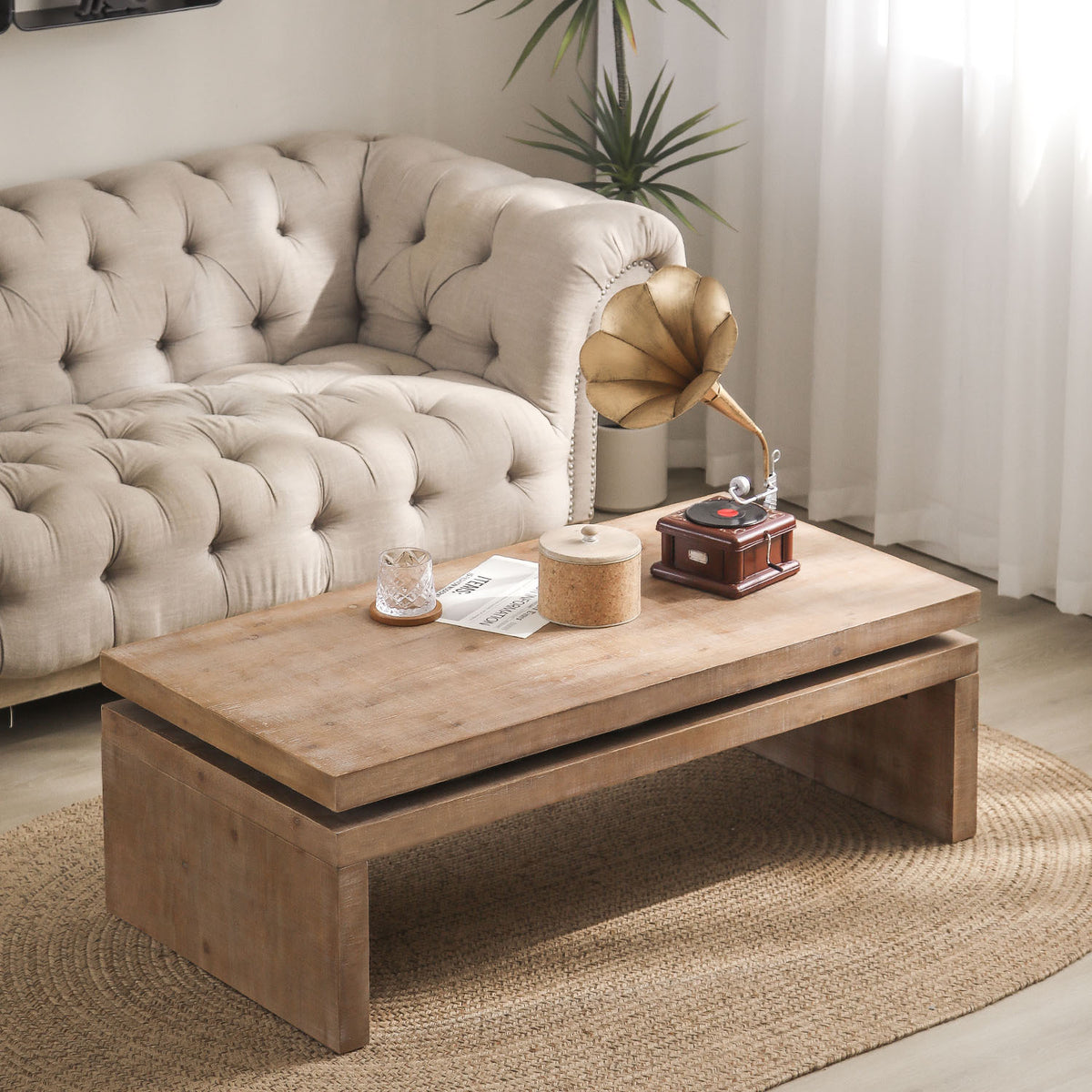 Natural Wood Living Room Table Versatile Coffee Table 2-Tiered Wood Tabletop Table 47.6' L * 23.6' W * 16.3' H