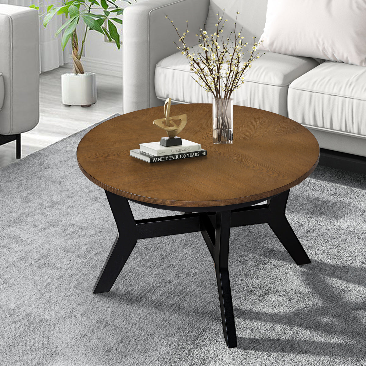32inch Wood Round Coffee Table for Living Room,Mid Century Farmhouse Circle Wooden Coffee Tables for Apartment, Easy Assembly,Black and Walnut Top