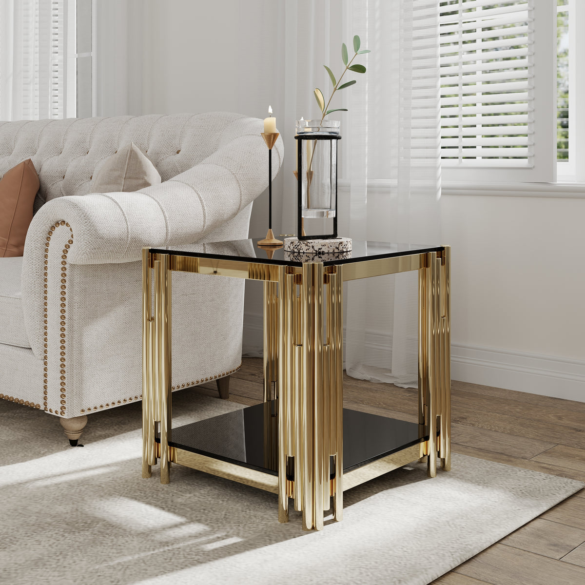 Woker Furniture  20' Wide Square End Table with Black Glass Top, Golden Stainless Steel Tempered Glass End Table for Living Room&Bed Room