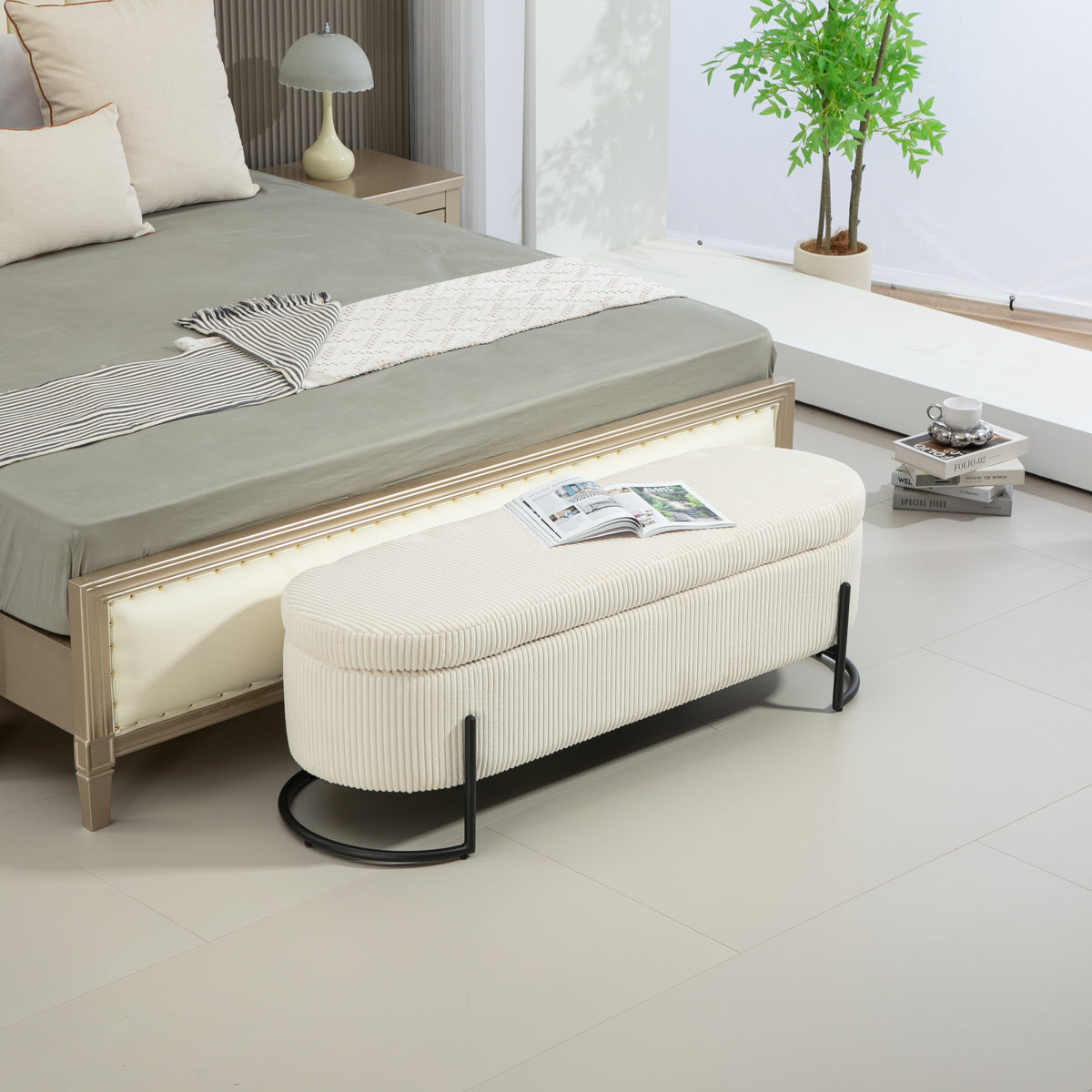 House Hold Storage Ottoman,Bedroom End Bench,Upholstered Fabric Storage Ottoman with Safety Hinge, Entryway Padded Footstool, Ottoman Bench for Living Room & Bedroom (Beige)