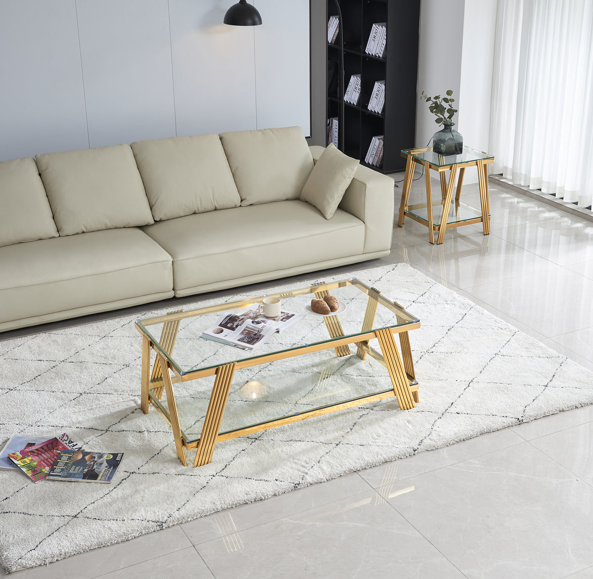 Modern Stainless Steel Coffee Table Set (Set of 2), Double-Layer Clear Tempered Glass Table Top, Coffee Table & End Side Table 2-Pieces Sets for Living Room Home Office, Gold