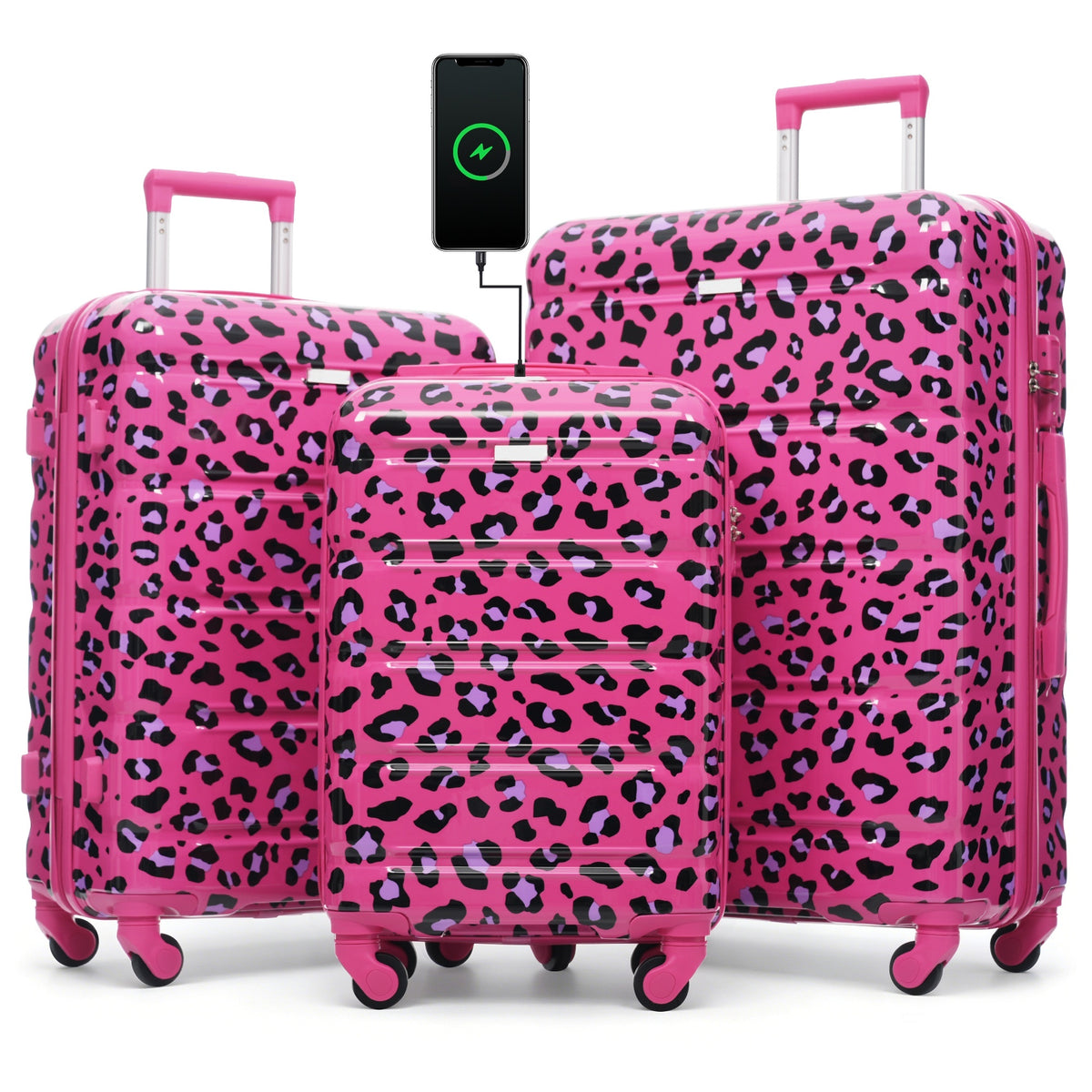 Luggage Set of 3, 20-inch with USB Port, Airline Certified Carry-on Luggage  , ABS+PC Hard Shell Luggage with Spinner Wheels,Fuchsia Leopard Print
