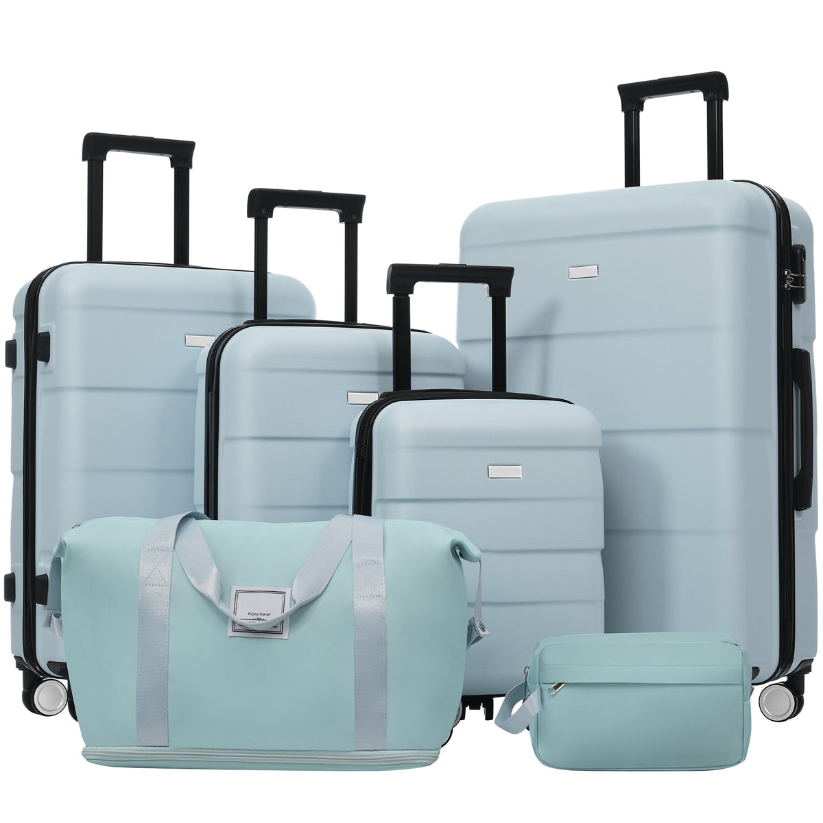 Light Blue Hardshell Luggage Set 6-Piece with Duffel & Toiletry Bag, ABS Material, 16+20+24+28 Inch, Double Spinner Wheels, Password Lock