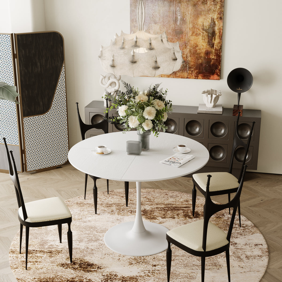 42.13'Modern Round Dining Table,Four Patchwork Tabletops with White Solid Wood Veneer Table Top,Metal Base Dining Table, End Table Leisure Coffee Table