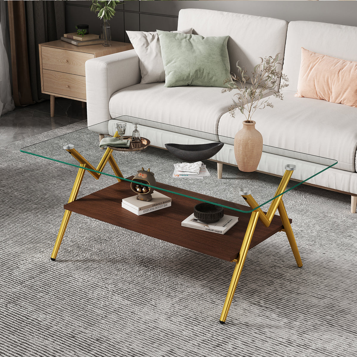 Rectangle Coffee Table with Tempered Glass top and Golden Metal Legs, Modern Table for Living Room , Transparent Glass