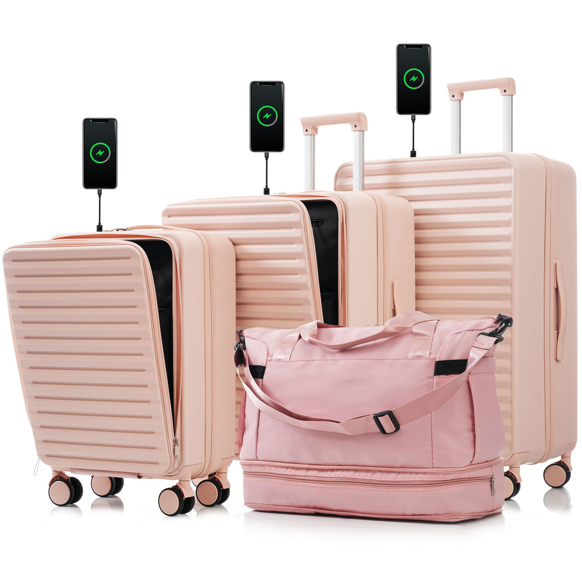 luggage 4 Piece 20/24/28/Sets and a bag, 20 '24' with front pocket,Hard Shell Luggage Carry on Luggage Set with 
 TSA lock, usb, universal wheel,cup holder,pink