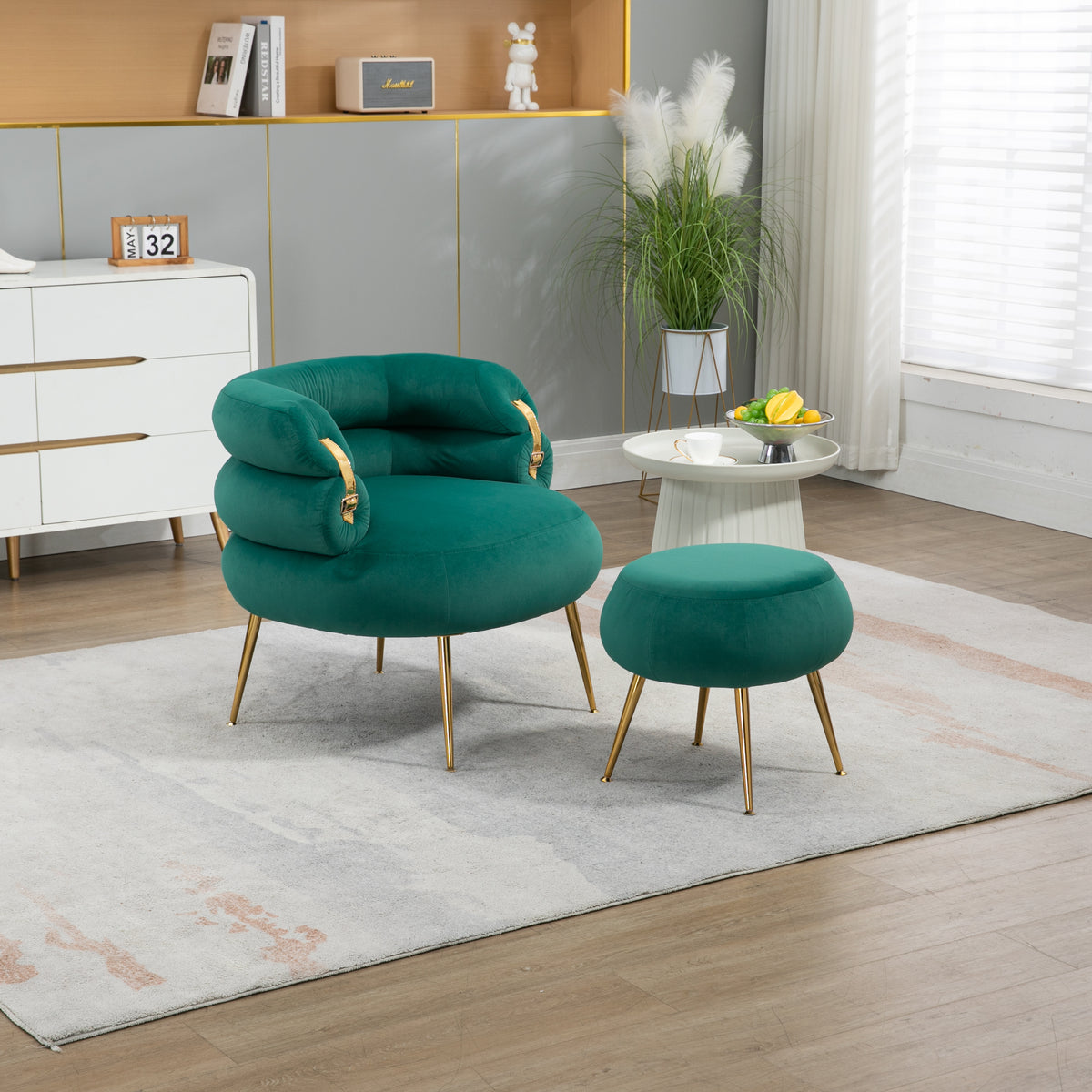 COOLMORE Upholstered Velvet Barrel Accent Chair with Ottoman,Accent Comfy Lounge Arm Chair and Footrest Stool Set,Single Sofa Armchair with Lounge Seat for Bedroom,Office (Green)