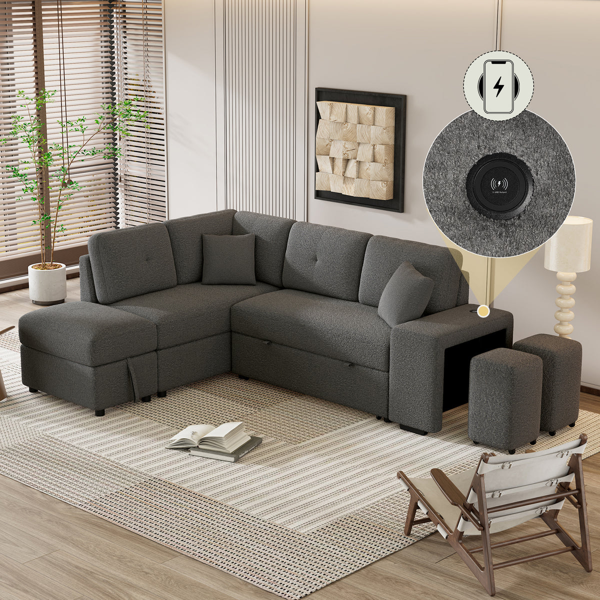 87.7' Convertible Sleeper, Sectional Pull Out Sofa Bed with Storage Ottoman, 2 Throw Pillows, 2 Stools, Wireless Charger and Two Hidden USB Ports for Living Room, Dark Gray