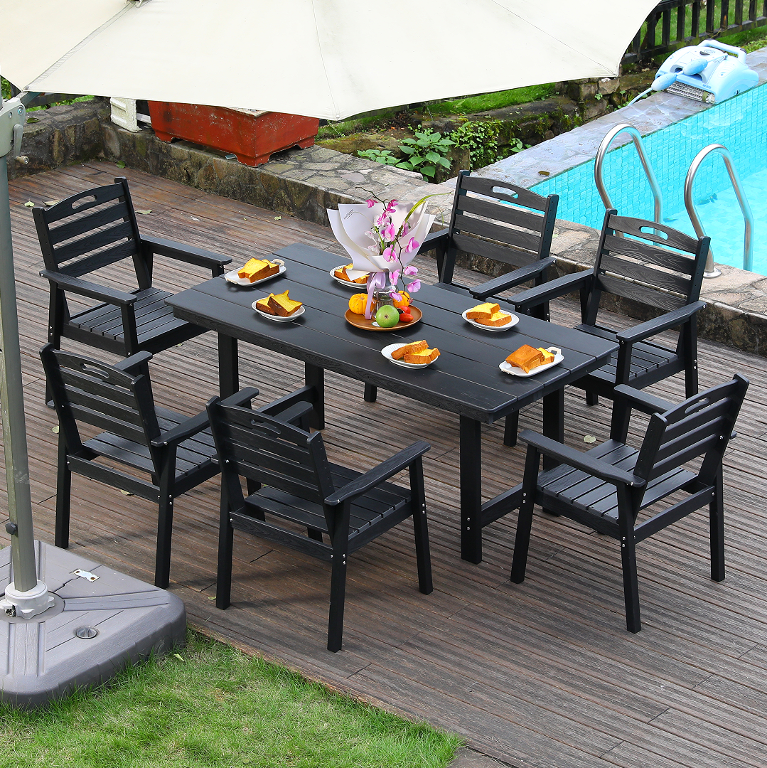 HDPE outdoor patio dining set, one table and six chairs. The outdoor dining furniture has sunshade holes and is suitable. It is suitable for lawns, gardens, backyards, and pool sides.Black,Waterproof