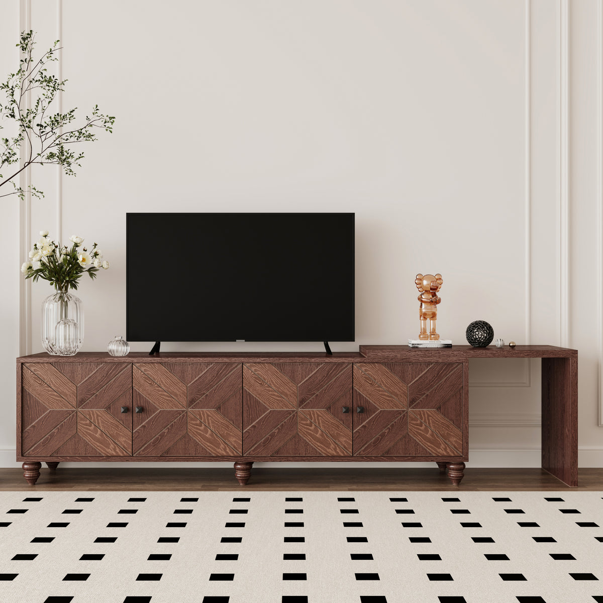 70'-90' Extendable TV Cabinet, Modern Entertainment Center with Storage and Adjustable Shelves, Mid 
Century Lacquered and Real Wood Veneered TV Console for Living Room, Hallway, Entryway, Walnut