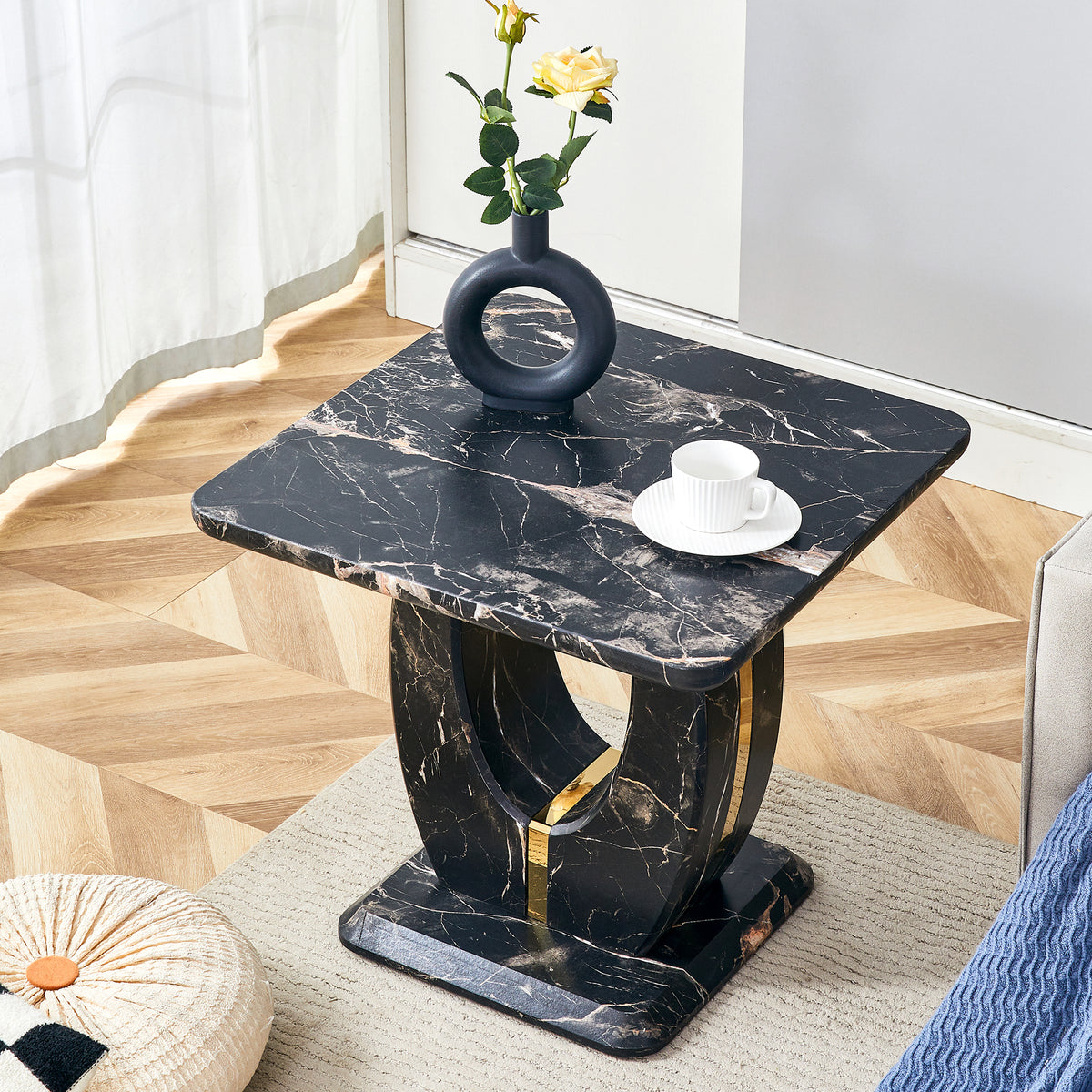 Modern Minimalist Black Marble-Patterned MDF Square Coffee Table. Add a quiet and cozy atmosphere to your home.Black,MDF coffee table,Density Board Sticker,Side table.